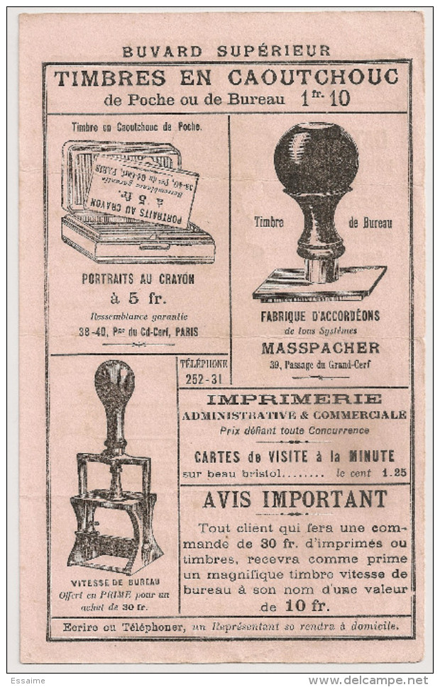 Buvard Fabrique Parisienne De Timbres En Caoutchouc. 1902. Tampon Dateur. Recto-verso - Papeterie