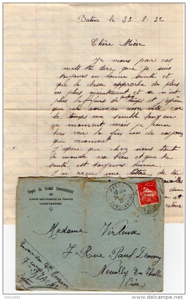 VP5375 - MILITARIA - Lettre En Franchise Militaire - Soldat P. BERGERON Au 7ème Rgt Tirailleurs Algériens à BATNA - Documents