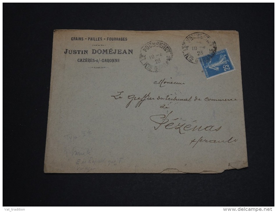 FRANCE - Enveloppe Pour Pézénas En 1923 , Affranchissement Type Semeuse - A Voir - L 1535 - 1921-1960: Période Moderne