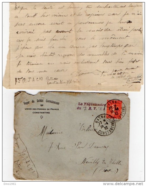 VP5379 - MILITARIA - Lettre En Franchise Militaire - Soldat P. BERGERON Au 7ème Rgt Tirailleurs Algériens à BATNA - Documents