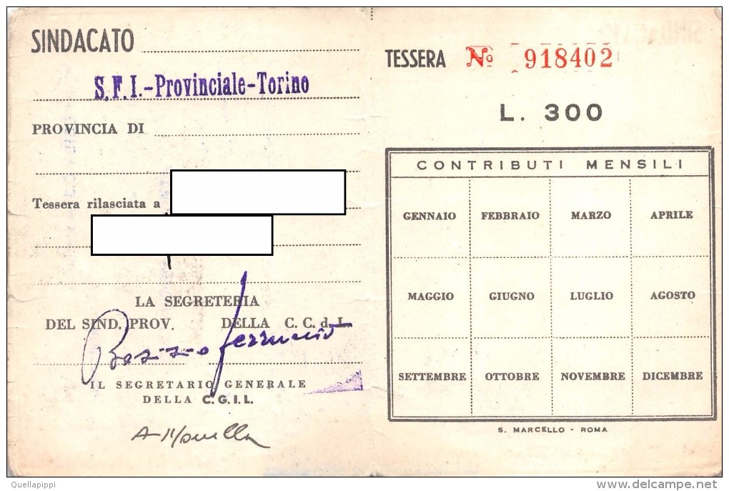 04824 "TESSERA C.G.I.L. - S.F.I. PROVINCIALE TORINO - ANNO 1961 NR. 918402" ORIG. - Biglietti D'ingresso