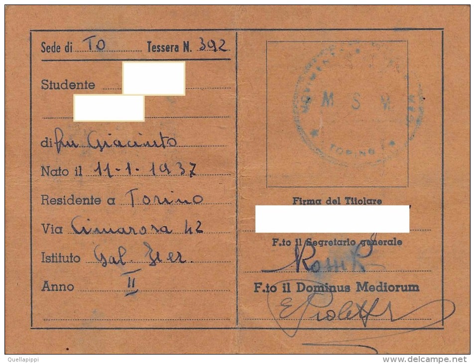 04825 "TESSERA MSM - MOVIMENTO STUDENTI MEDI'-TORINO NR 392 ANNO 1952/53" TESSERA DIRITTO A RIDUZIONI. ORIG. - Biglietti D'ingresso