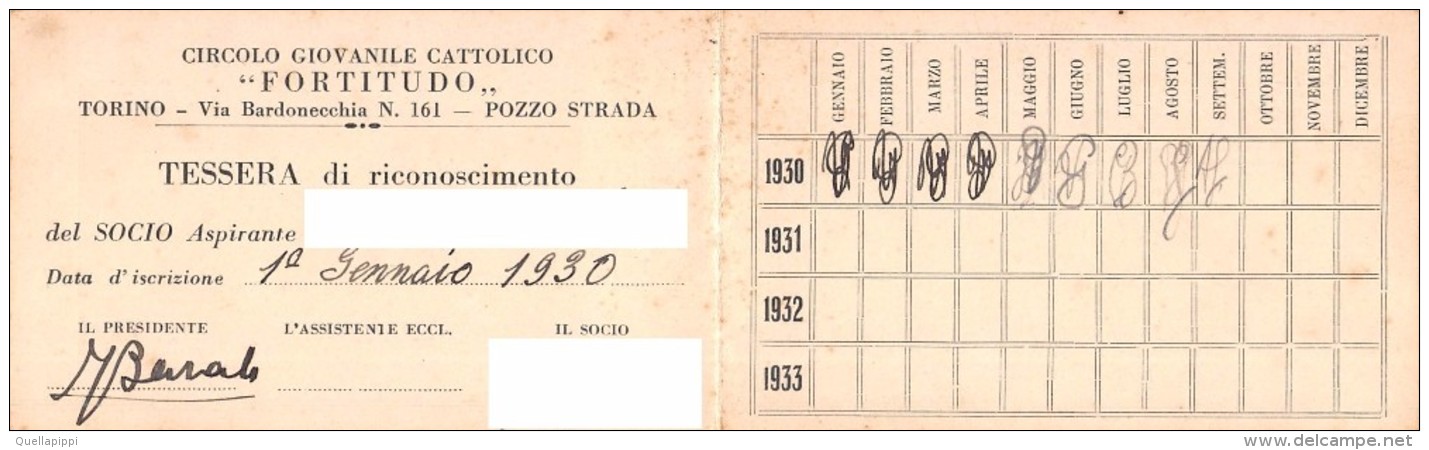 04826 "TESSERA SEZIONE ASPIRANTI DEL CIRCOLO FORTITUDO - TORINO - ANNO 1930" SUL RETRO LO STATUTO SOCIALE.  ORIG. - Biglietti D'ingresso