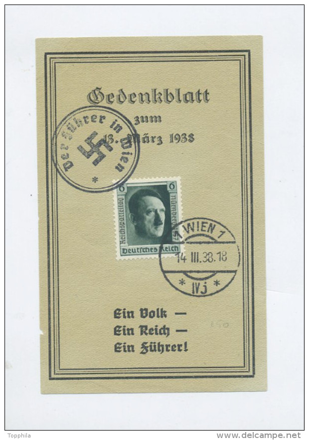 1938 Dt. Reich Österreichanschluss Gedenkblatt  Zum 13. März Ein Volk Ein Reich Ein Führer Mit Mi 650 Gest. Wien - Briefe U. Dokumente