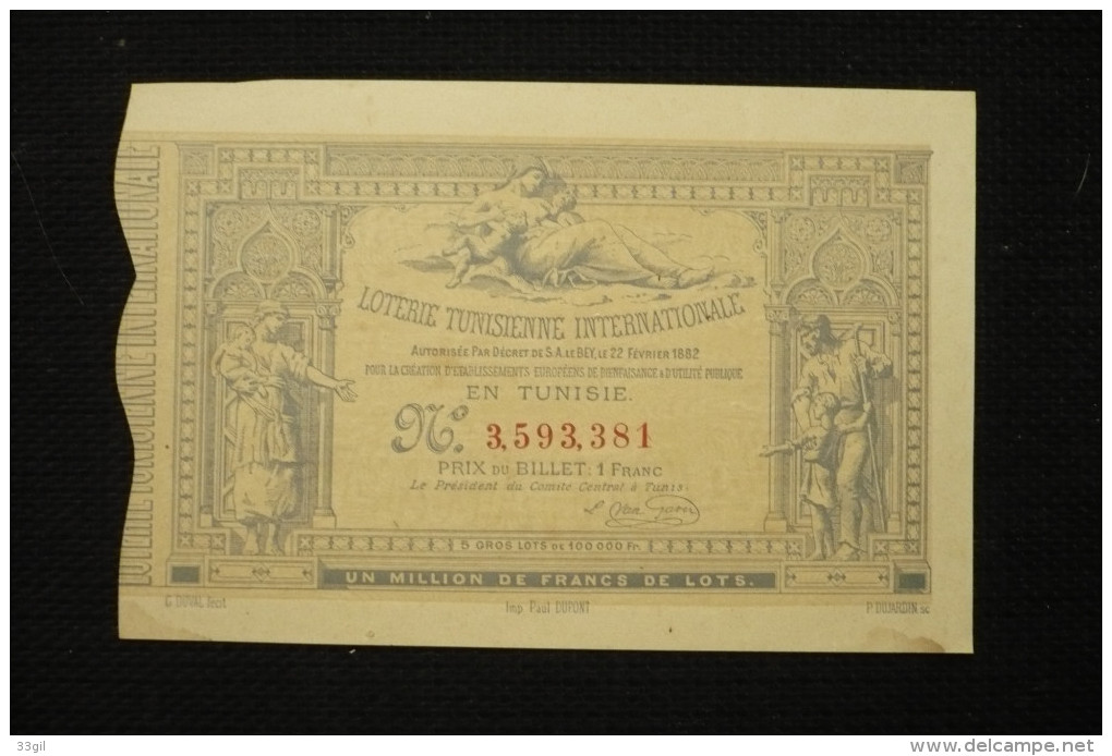 Billet Loterie Tunisie Illustré 1882 - Biglietti Della Lotteria