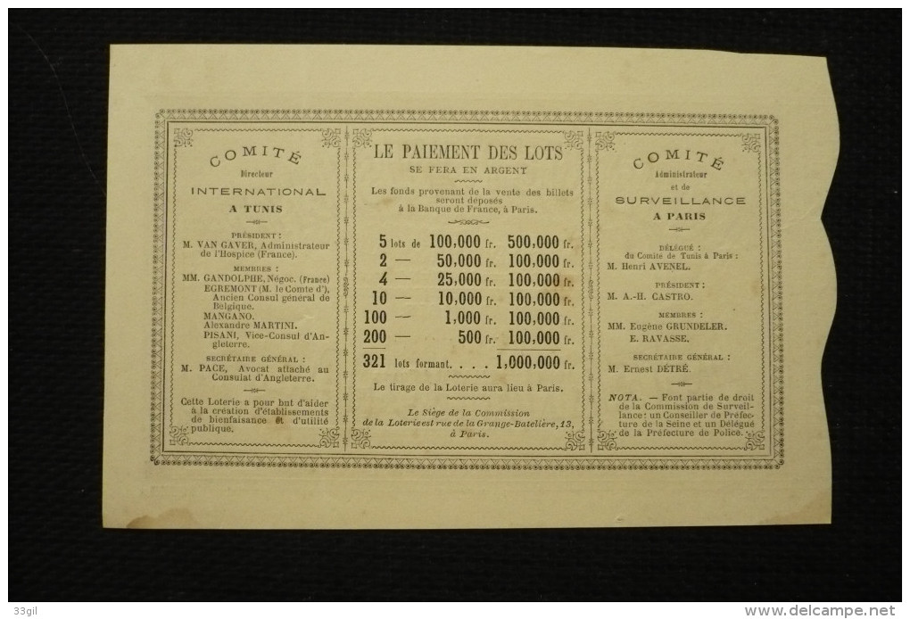 Billet Loterie Tunisie Illustré 1882 - Biglietti Della Lotteria