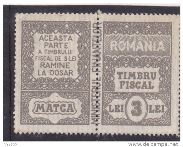 #151       FISCAUX STAMPS, UNUSED, , REVENUE STAMP IN PAIR, 3 LEI,   ROMANIA. - Fiscale Zegels