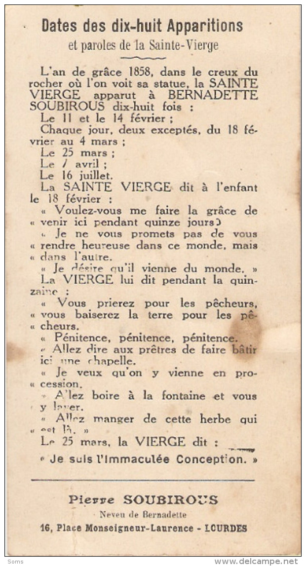 Image De Bernadette Soubirous, Offert Par Son Neveu Pierre, 16 Place Mgr Laurence à Lourdes, Date Des Apparitions Au Dos - Historical Documents