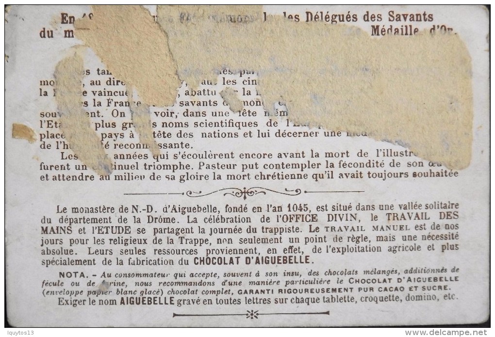 CHROMO - Chocolat D'Aiguebelle - PASTEUR Reçoit Une Médaille D'Or - En L'Etat - - Aiguebelle