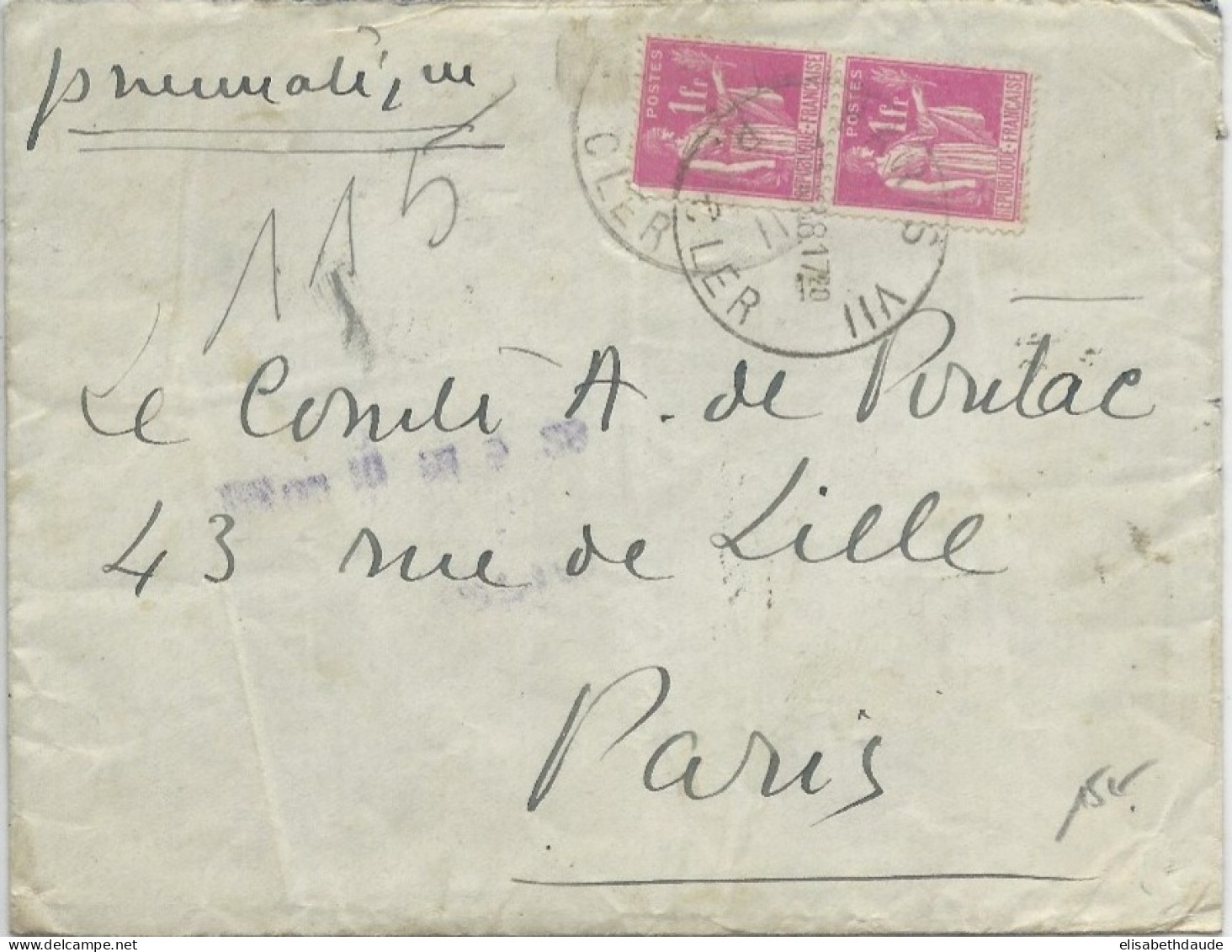 1938 - ENVELOPPE PNEUMATIQUE De PARIS - PAIX - 1932-39 Paix