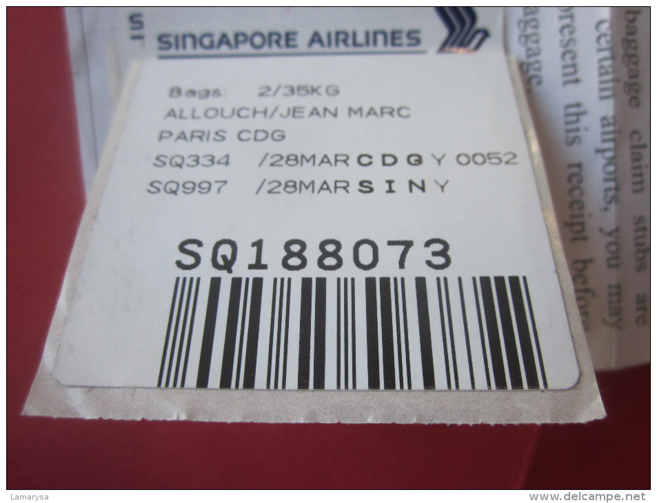 SINGAPOUR AIRLINES AEROPORT CHARLES DE GAULLE PARIS TITRE DE TRANSPORT BILLET EMARQUEMENT AVION CHECKED BAGAGE RECEIPT - Europa