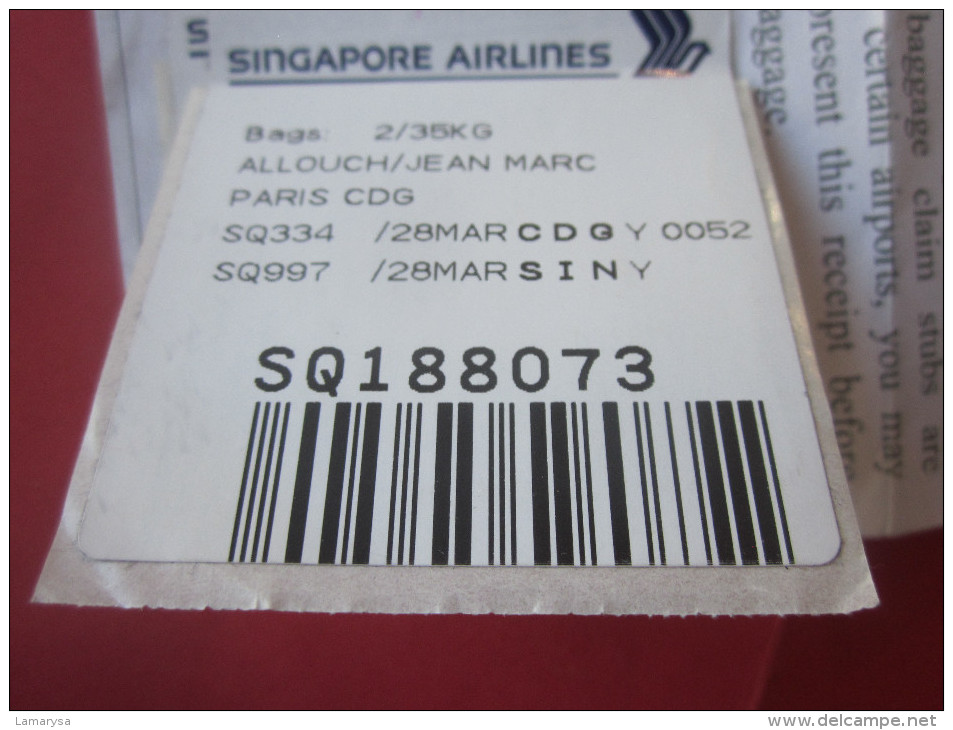 SINGAPOUR AIRLINES AEROPORT CHARLES DE GAULLE PARIS TITRE DE TRANSPORT BILLET EMARQUEMENT AVION CHECKED BAGAGE RECEIPT - Europe