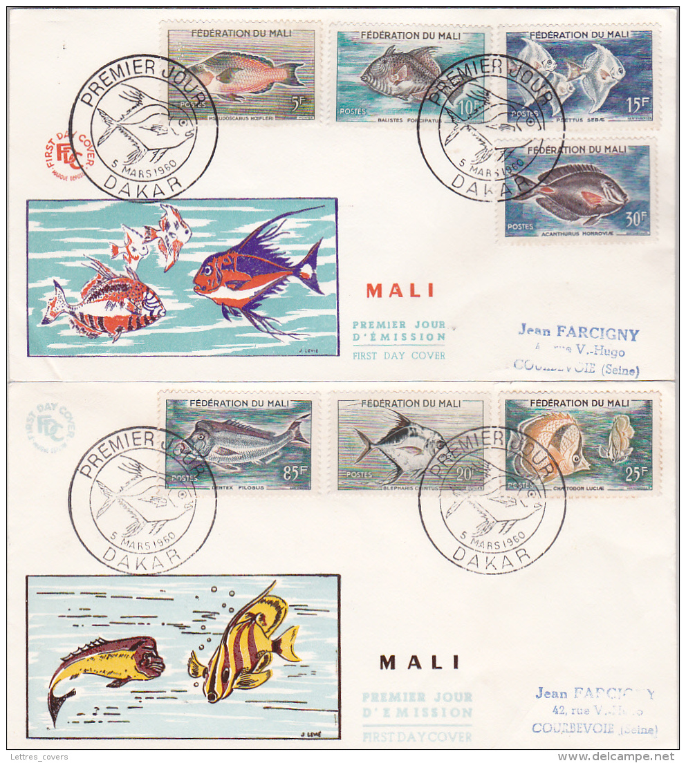 POISSONS - SERIE DU MALI Sur 2 Enveloppes FDC Obl DAKAR 5/3/1960 - Lettres - Poissons