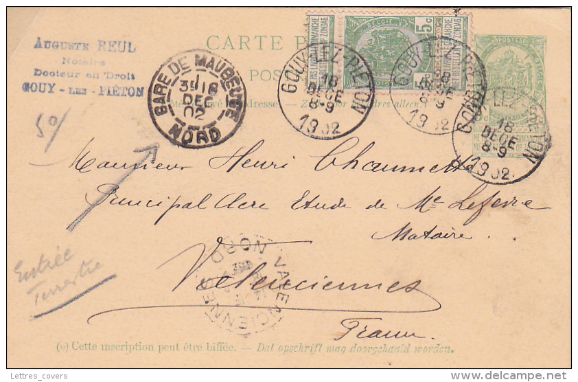 Cachet " GARE DE MAUBEUGE NORD " Comme MARQUE D'ENTRÉE TERRESTRE Sur Entier CP BELGIQUE Obl GOUY-LEZ-PIETON - Entry Postmarks