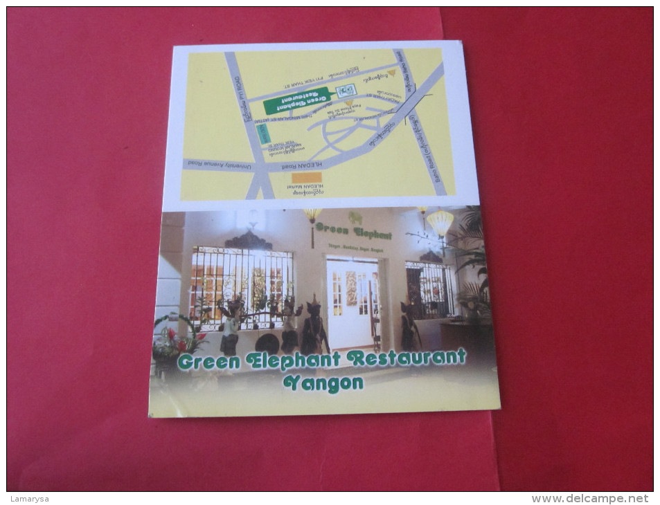 CARTE DE VISITE PUBLICITAIRE GREEN ELEPHANT RESTAURANT YANGON RANGOON BIRMANIE PLAN RESTO - Visitekaartjes