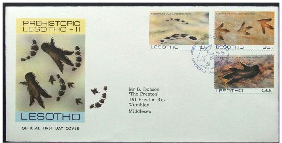 Lesotho - Circulated Cover To England FDC 1984 Dinosaur Footprints - Prehistorics