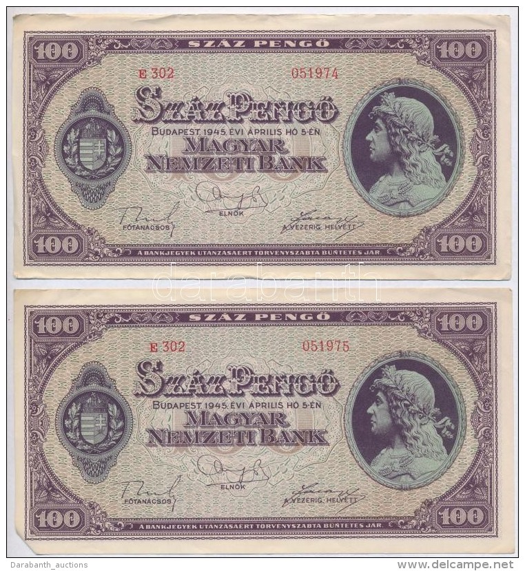 1945. 100P 'BÜNTETÉS' Szóban 'N' Felett Lemezhiba (2x) SorszámkövetÅ‘k T:II,II- - Zonder Classificatie