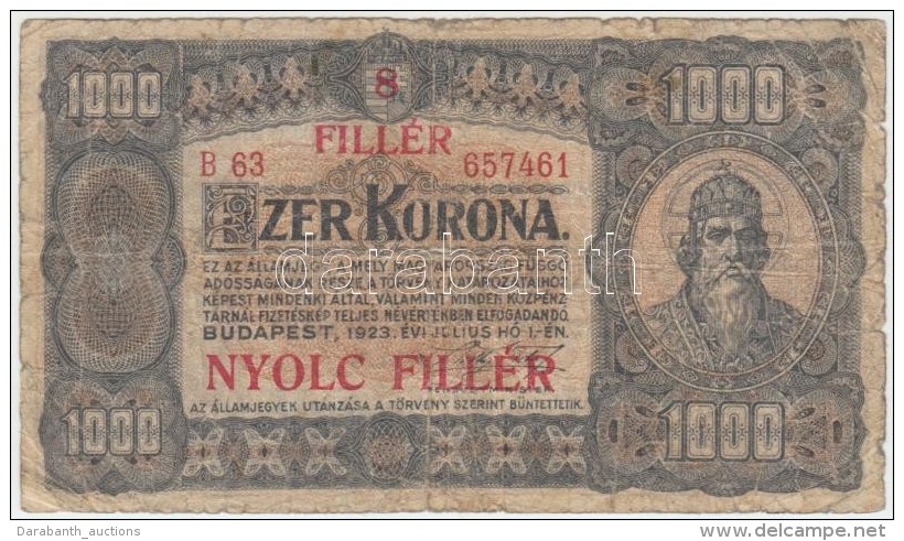 1923. 1000K '8 FILLÉR - NYOLC FILLÉR' Felülnyomással T:IV
Adamo K37B - Zonder Classificatie