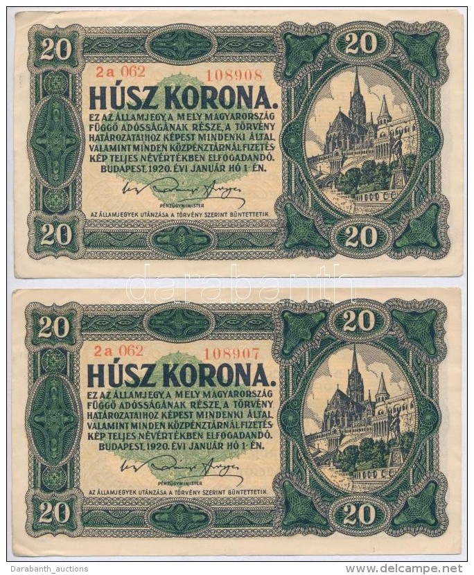 1920. 20K (2x) SorszámkövetÅ‘k T:II-,III - Zonder Classificatie