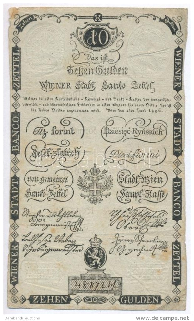 1806. 10G Vízjellel, Szárazpecsét T:III
Austrian Empire 1806. 10 Gulden With Watermark,... - Zonder Classificatie