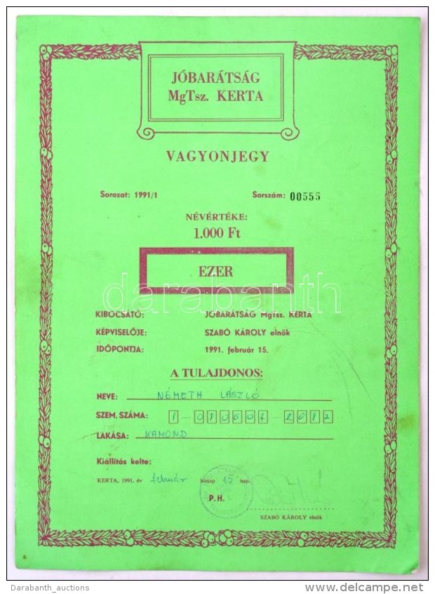 Kerta 1991. 'Jóbarátság MezÅ‘gazdasági TermelÅ‘szövetkezet' Névre... - Non Classificati