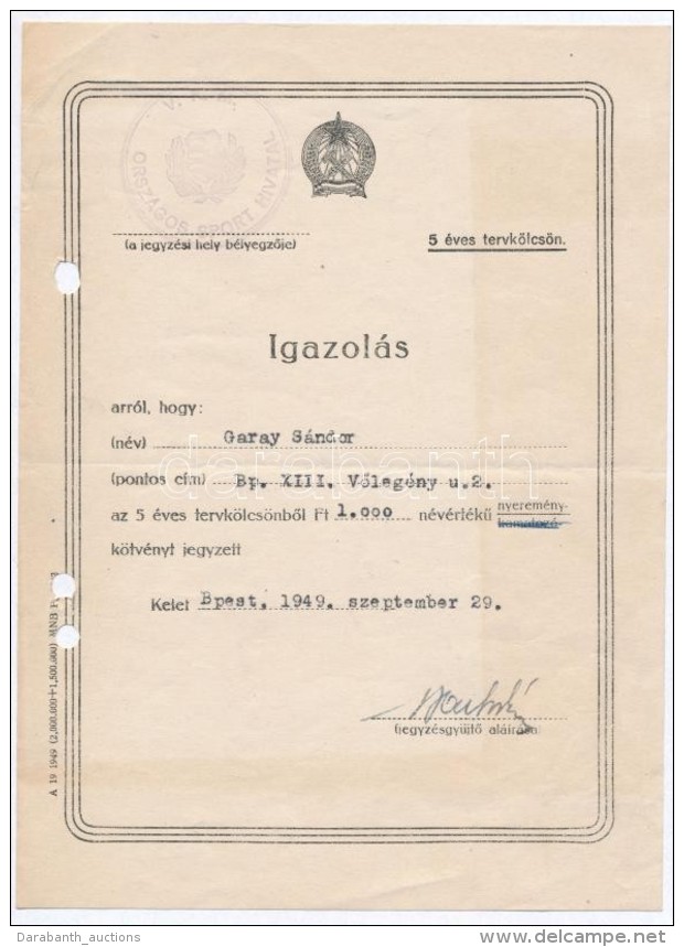 1949. '5 éves Tervkölcsön' Igazolás 1000Ft NévértékÅ±... - Zonder Classificatie