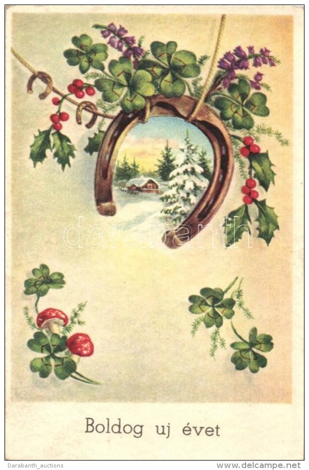 T2 'Boldog új évet' / New Year Greeting Postcard, Clovers, Horseshoe - Non Classificati