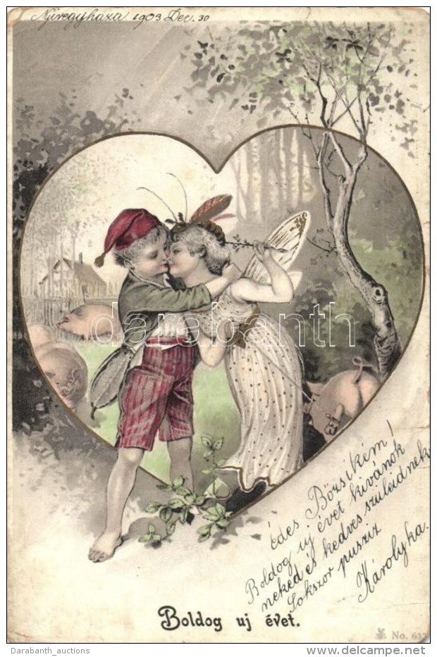 T3/T4 New Year, Children Couple, Heart, Litho (small Tears) - Non Classés