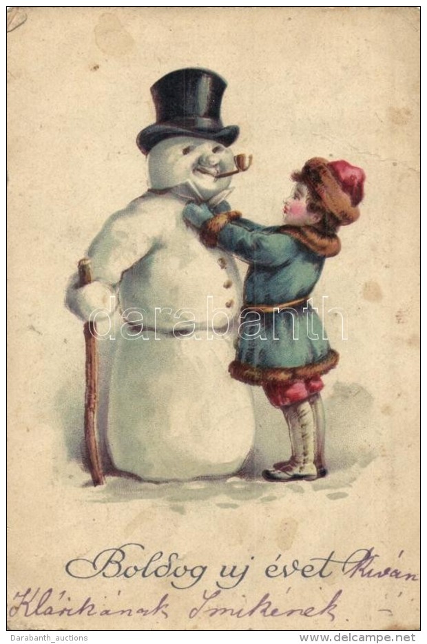 * T3 'Boldog új évet' / Christmas Greeting Postcard, Snowman, Child, Litho (fa) - Zonder Classificatie