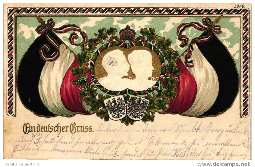 * T2 'Ein Deutscher Gruss' Wilhelm II, Augusta Victoria Of Schleswig-Holstein, German Flags, Emb. Litho - Non Classificati