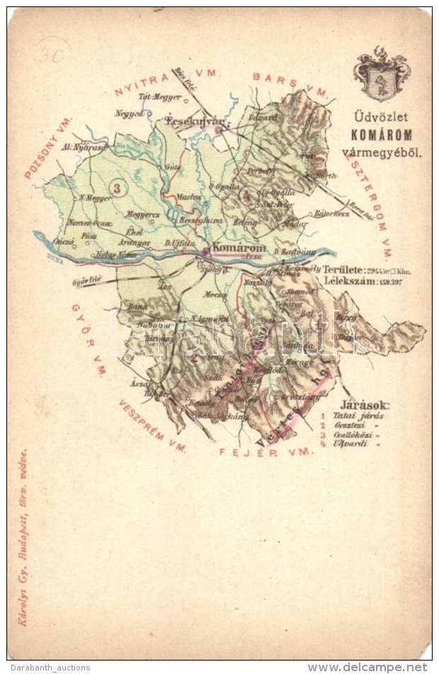 ** T4 Komárom Vármegye Térképe; Károlyi Gy. Kiadása  / Map Of... - Zonder Classificatie