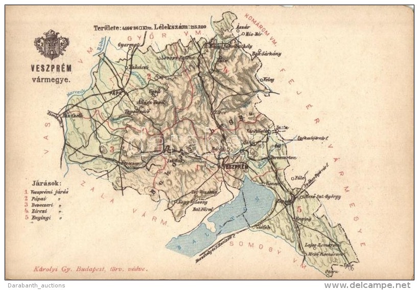 ** T4 Veszprém Vármegye Térképe, Károlyi Gy. Kiadása / Map Of... - Zonder Classificatie