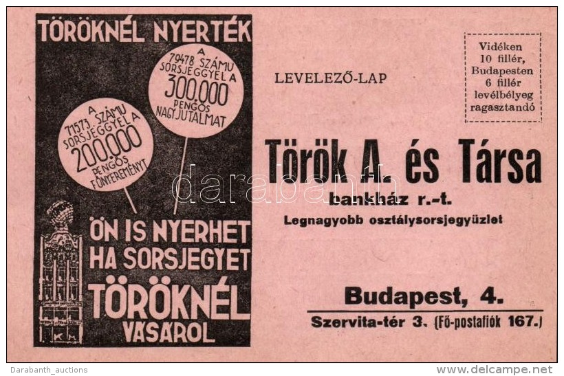 ** T1/T2 Török Bankház Osztálysorsjegye, Szervita Tér 3. / Hungarian Lottery Ticket... - Non Classificati