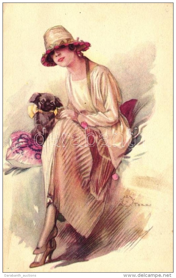 T2 Italian Art Deco Postcard, Lady With Dog Anna &amp; Gasparini 399-3 S: A. Terzi - Zonder Classificatie