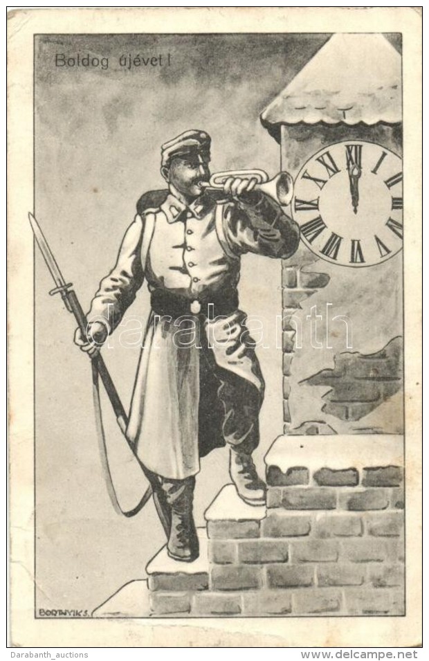 T2/T3 Boldog Újévet! / WWI Hungarian Military New Year Greeting Art Postcard S: Bortnyik S. (EK) - Non Classificati