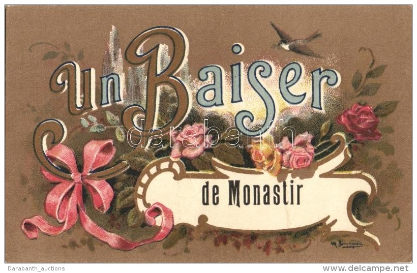 * T2 Bitola, Monastir 'Un Baisier' Floral Litho Greeting Card S: M. Beronneau - Non Classificati