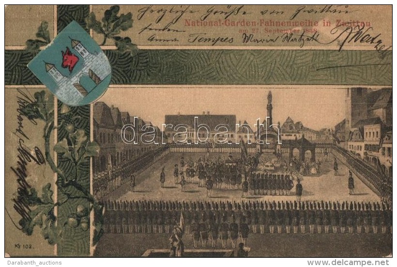 T2 Svitavy, Zwittau; National-Garden-Fahnenweihe Am 1848 / Consecration Of The Flag, Coat Of Arms, Floral, Litho - Ohne Zuordnung