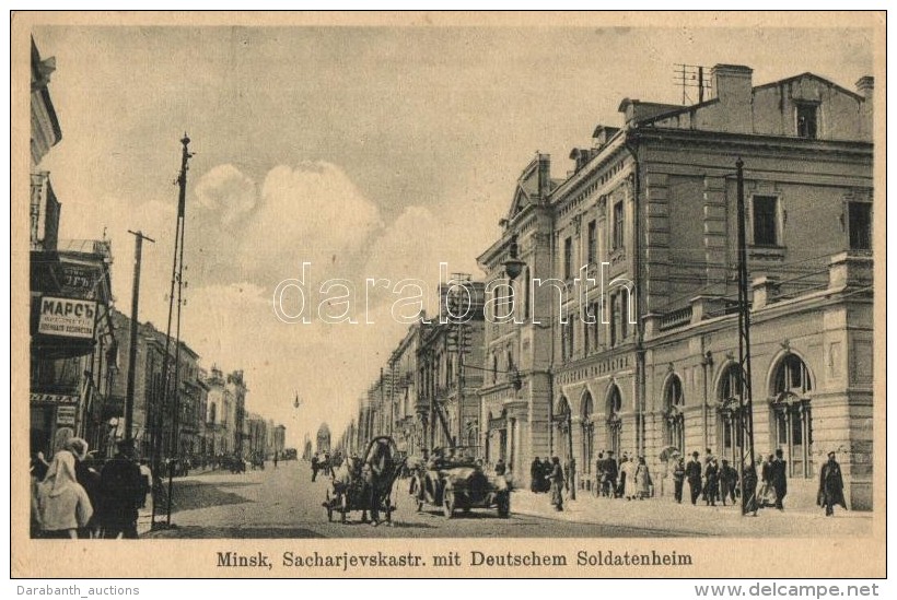 ** T2/T3 Minsk; Sacharjevskastr. Mit Deutschem Soldatenheim / Street With German Military Barracks, Shops,... - Zonder Classificatie