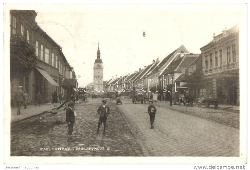 T2 Nagyszombat, Trnava; Masaryk Utca, Bank / Masayrokva Ul. / Street, Automobile, Shops, Bank - Non Classificati