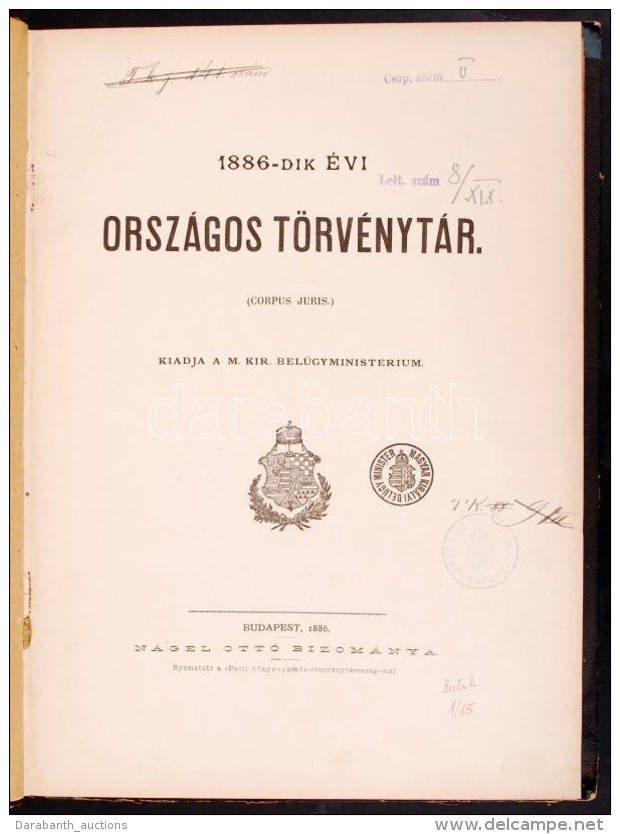 1886-dik évi Országos Törvénytár Bp., 1886 Igazságügy... - Zonder Classificatie