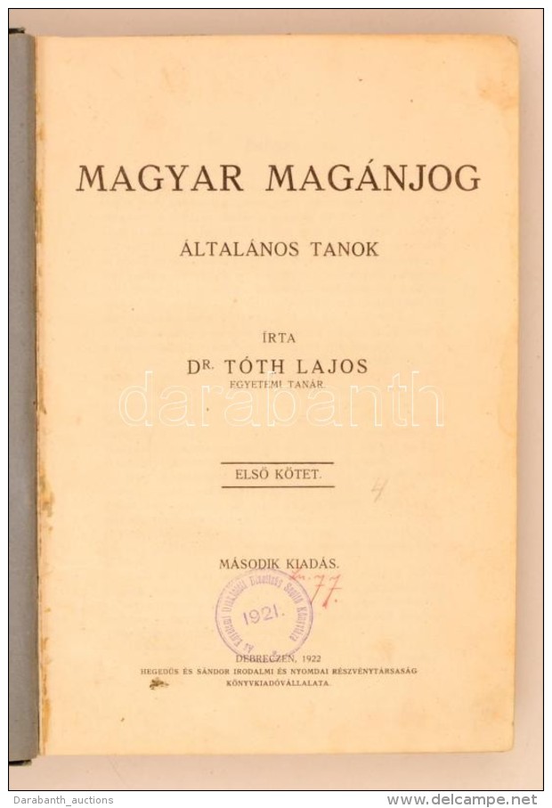 Dr. Tóth Lajos: Magyar Magánjog - Általános Tanok Debrecen, 1922.... - Zonder Classificatie