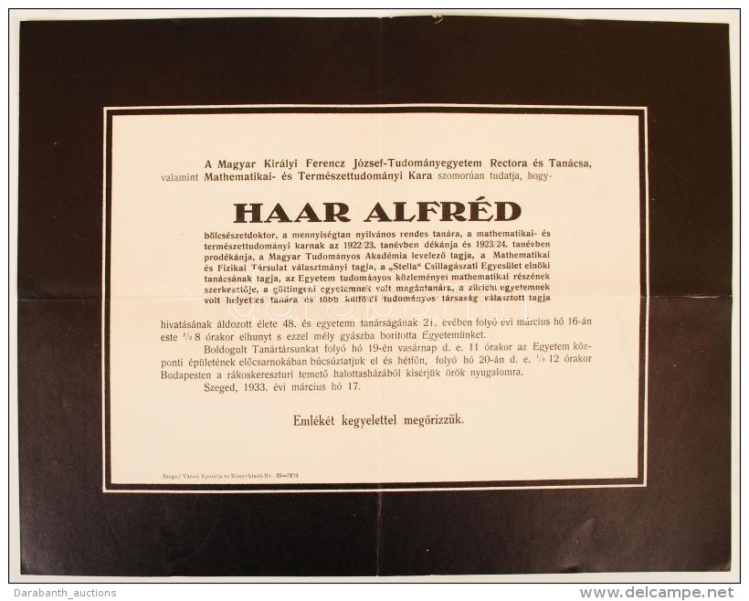 1933 Gyászjelentés Haar Alfréd (1885-1933) Matematikus Haláláról, Boda... - Zonder Classificatie