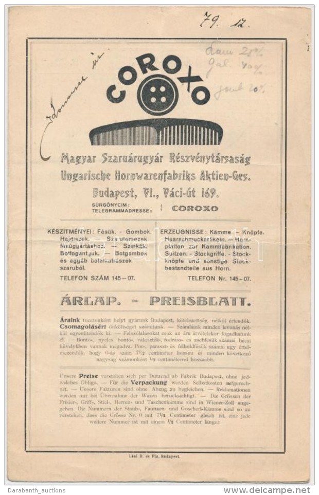 Cca 1930 Coroxo Magyar Szarugyár Rt. FésÅ±gyár Képes Katalógus  6p. - Zonder Classificatie