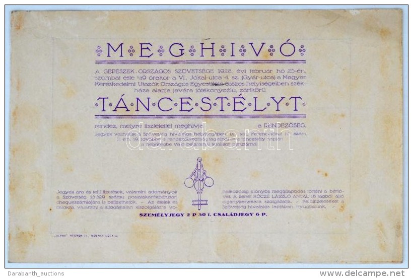 1928 Meghívó Gépész Táncestélyre. - Zonder Classificatie