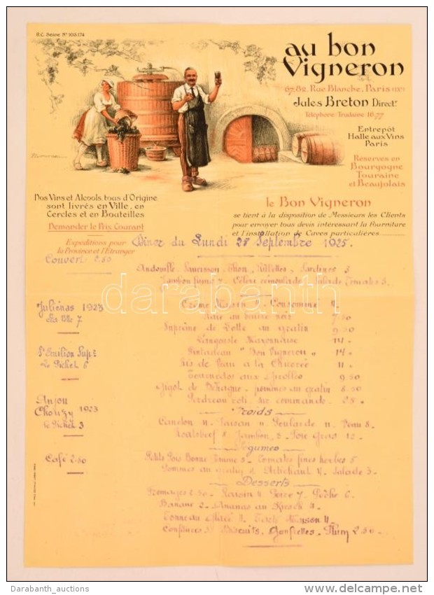 1925 Au Bon Vigneron Paris, Litografált étlap  / 1925 Paris, Restaurant. Lithographic Menu Card.... - Zonder Classificatie