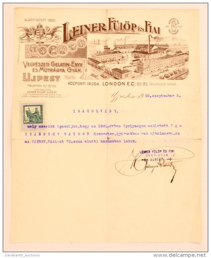1920 Leiner Fülöp Vegyészeti Gyár Ujpest Fejléces Számla - Ohne Zuordnung
