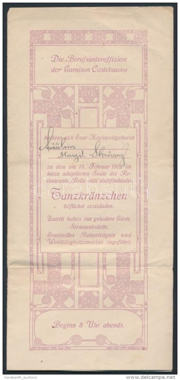 1912 Garnison Castelnuovo Szecessziós Táncmulatsági Meghívó, 23x11cm/ 1912 Art... - Zonder Classificatie