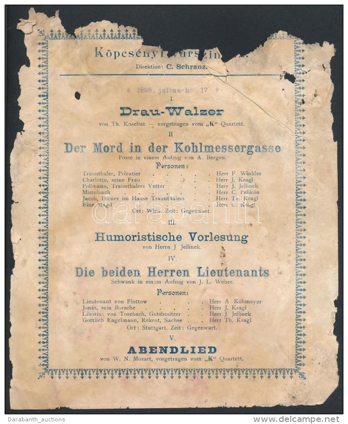 1898 Köpcsényi Várszínház Plakátja, Német Nyelven, Megviselt... - Ohne Zuordnung