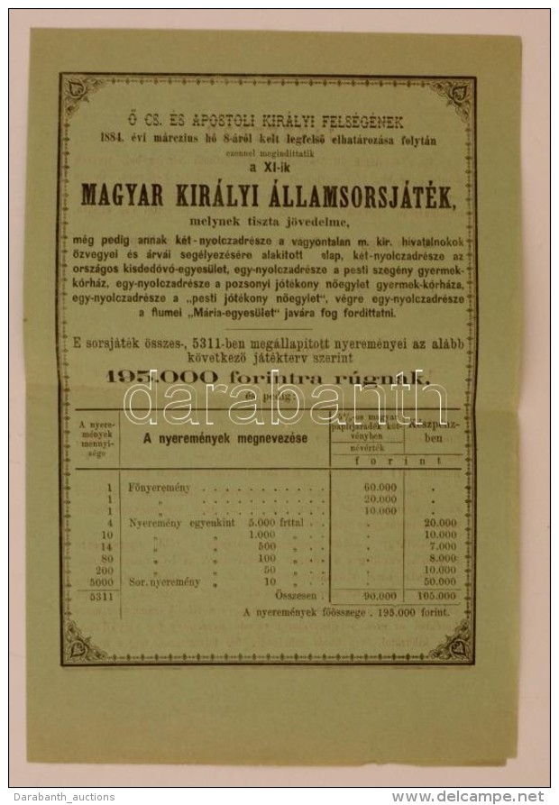 1884 Magyar Királyi Államsorsjáték Hirdetménye, Amely Bevételét Az... - Zonder Classificatie