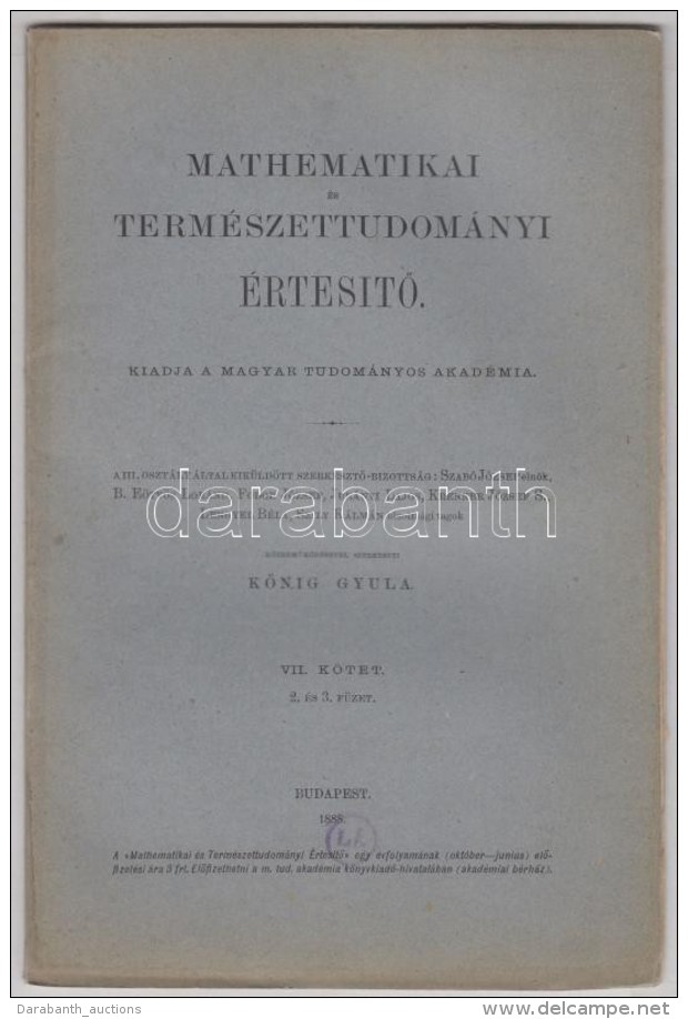 1888 Mathematikai és Természettudományi értesítÅ‘. Szerk: KÅ‘nig Gyula. - Non Classificati